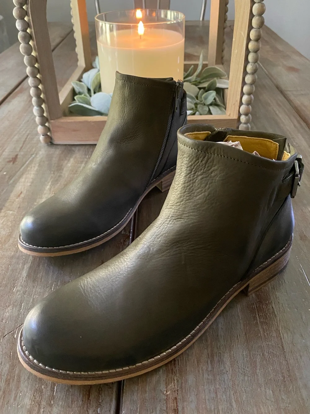 Jafa 207 Leather Ankle Boots Side Zip Buckle EU 38 US 7.5 - 8 Cactus OliveGreen